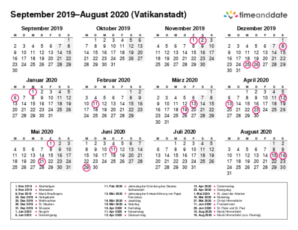 Kalender für 2019 in Vatikanstadt