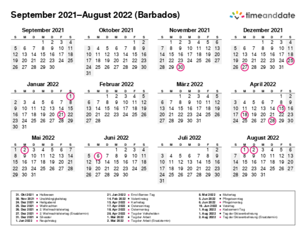 Kalender für 2021 in Barbados