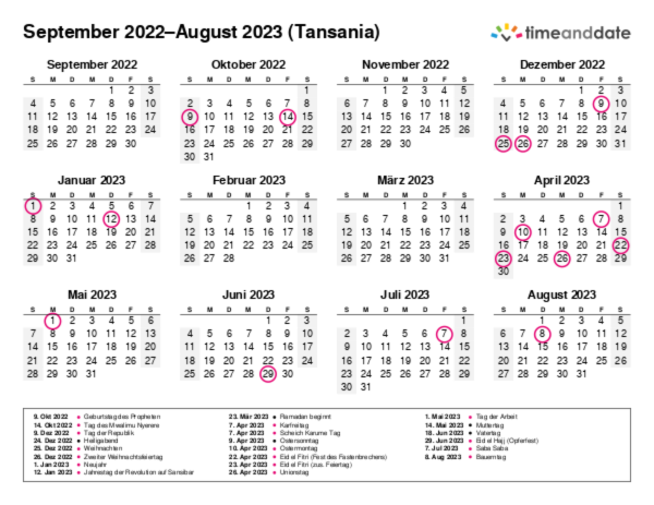 Kalender für 2022 in Tansania