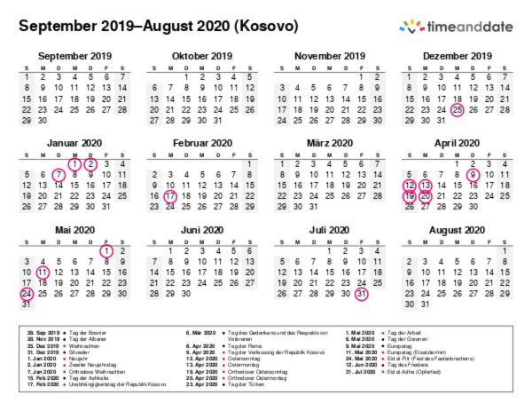 Kalender für 2019 in Kosovo