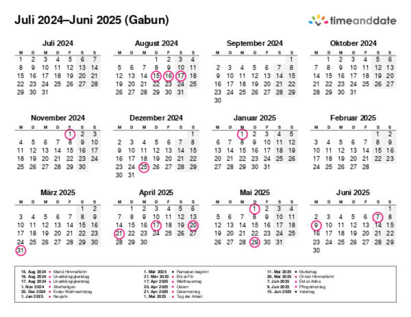 Kalender für 2024 in Gabun