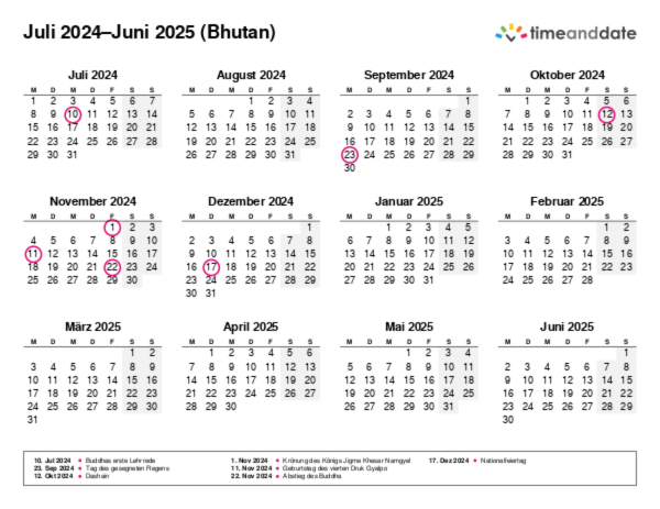 Kalender für 2024 in Bhutan
