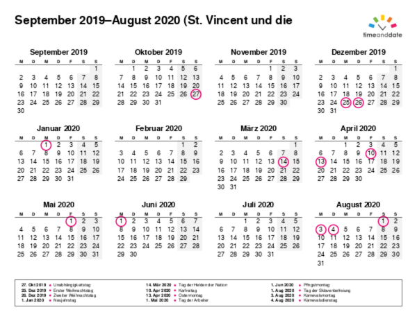 Kalender für 2019 in St. Vincent und die Grenadinen