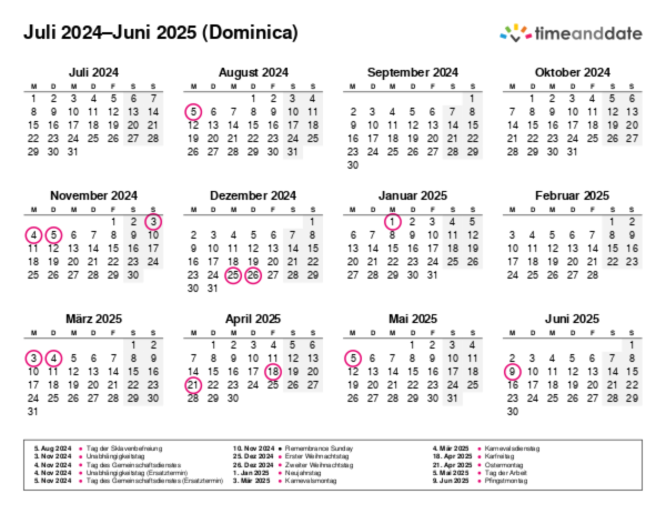 Kalender für 2024 in Dominica