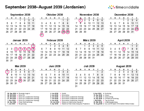 Kalender für 2038 in Jordanien