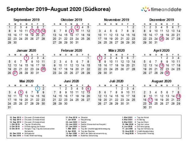 Kalender für 2019 in Südkorea