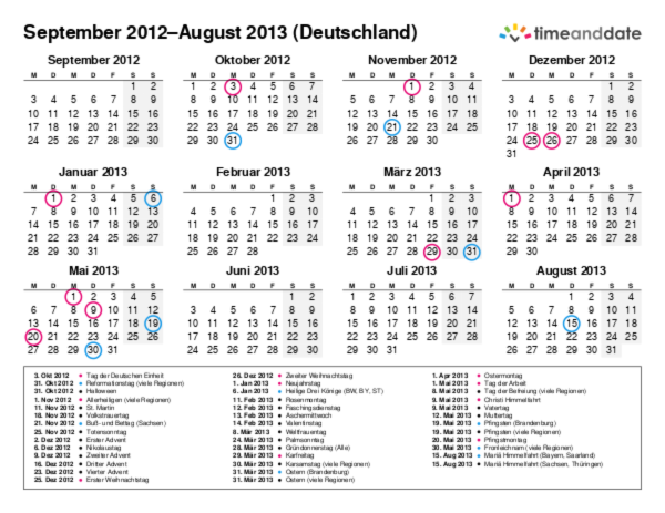 Kalender für 2012 in Deutschland