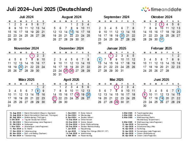 Kalender für 2024 in Deutschland
