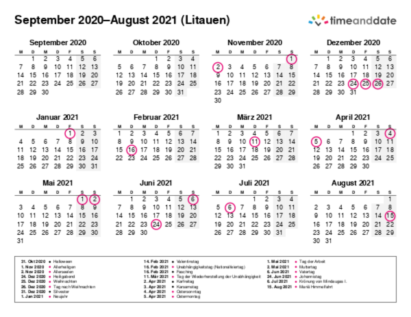 Kalender für 2020 in Litauen